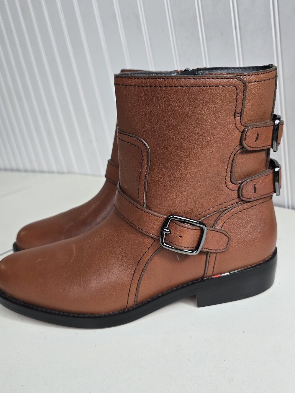 Franco Sarto Evette Boots Hard Finished Leather Boho Zip Womens Size 8.5 Brown s